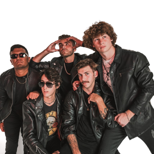 Five individuals wearing black leather jackets pose together against a white background, with some gazing into the distance and one wearing sunglasses.