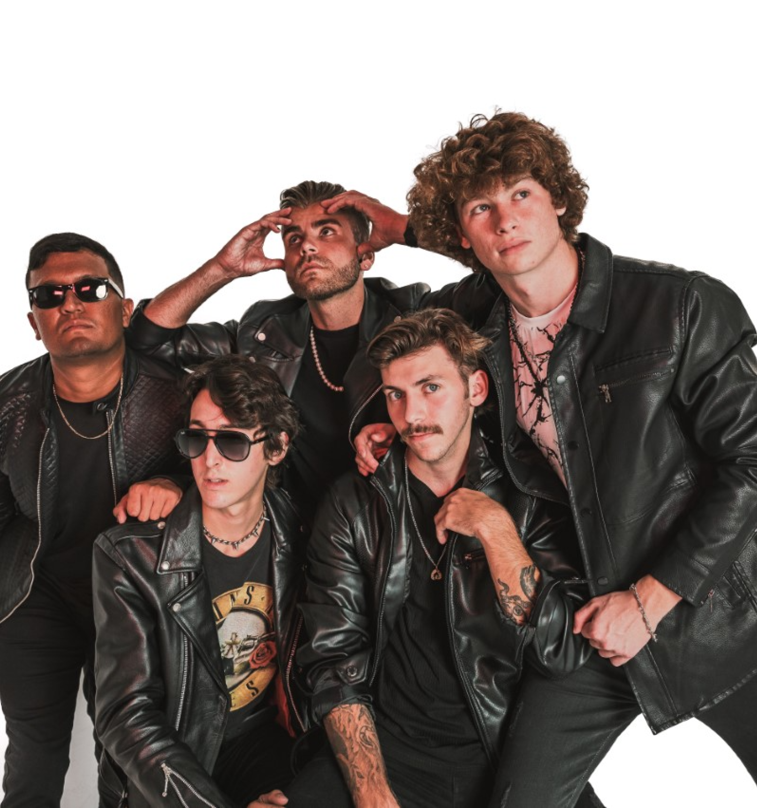 Five men are dressed in black leather jackets, posing against a white background.