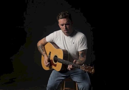 A man is sitting on a stool, playing an acoustic guitar, wearing a white shirt and jeans, with a dark background.