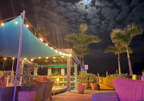 Outdoor deck with wicker furniture, string lights, and a canopy. The night sky is partly cloudy, with a full moon and palm trees in the background.