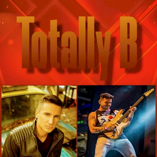 The image has "Totally B" written with a man posing and another playing guitar, set against a dynamic red background.