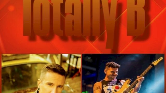 The image has "Totally B" written with a man posing and another playing guitar, set against a dynamic red background.