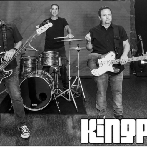 Three band members pose with their instruments in a black-and-white photo. The logo 