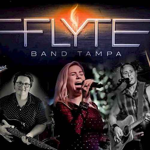 Promo image for Flyte Band Tampa: a five-member rock group with guitars, a microphone solo, and a bold logo behind them.