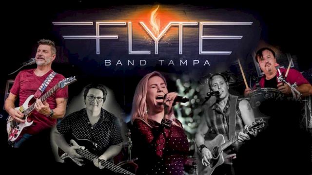 Promo image for Flyte Band Tampa: a five-member rock group with guitars, a microphone solo, and a bold logo behind them.