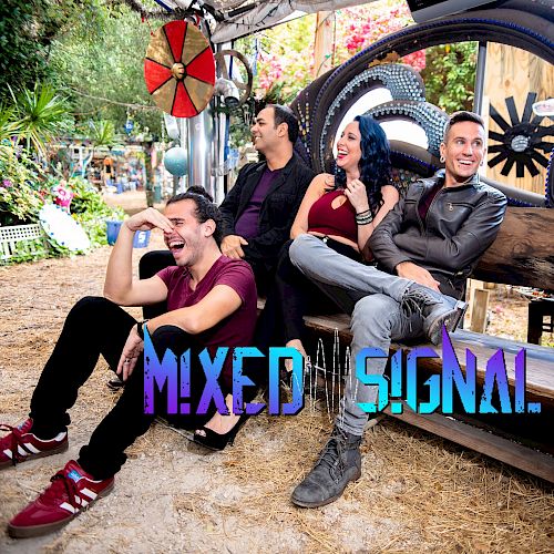 Four people are sitting and laughing on a bench outdoors, with the text "MIXED SIGNAL" in colorful letters overlaid on the image.