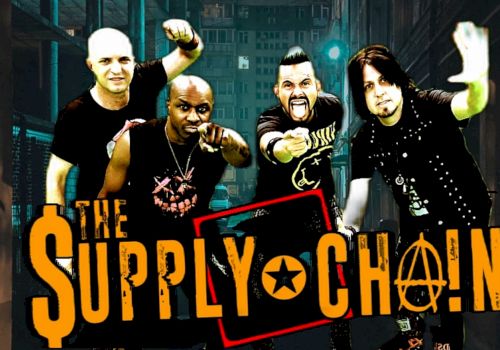 Four band members are posing energetically with the text “The $upply Chain” below them.