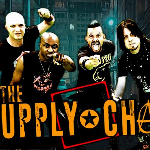 Four band members are posing energetically with the text “The $upply Chain” below them.