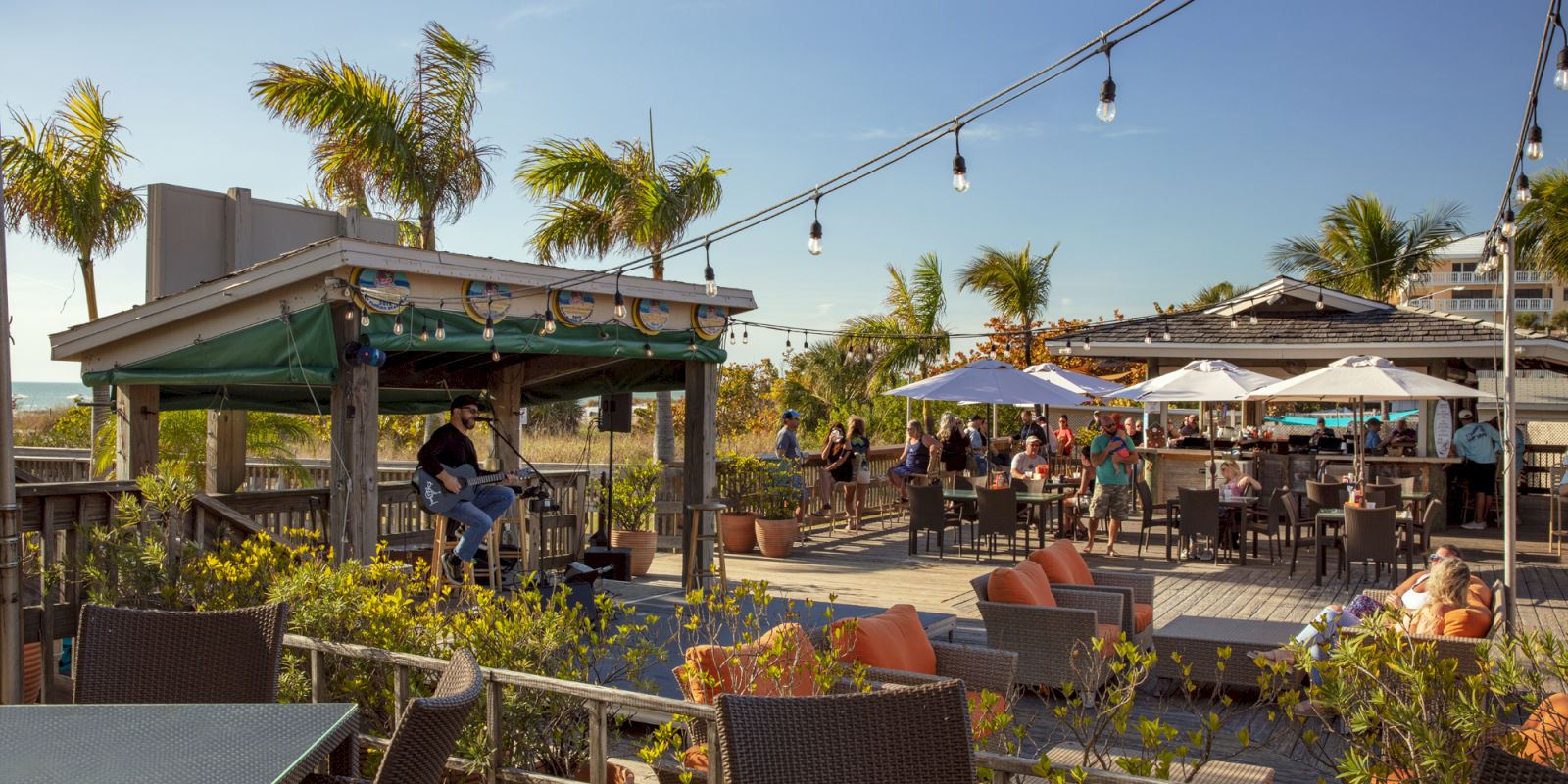 An outdoor restaurant with palm trees, string lights, umbrellas, and tables. People are dining and relaxing, enjoying a sunny day near the beach.