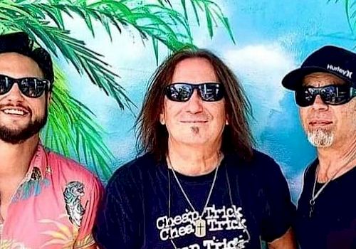 Three men wearing sunglasses, standing in front of a tropical background with palm leaves. One wears a band t-shirt, another a Hawaiian shirt.