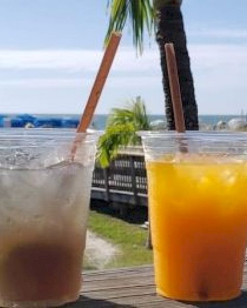 Two plastic cups with drinks, ice, and straws on a wooden railing; tropical beach background with a palm tree and boardwalk.