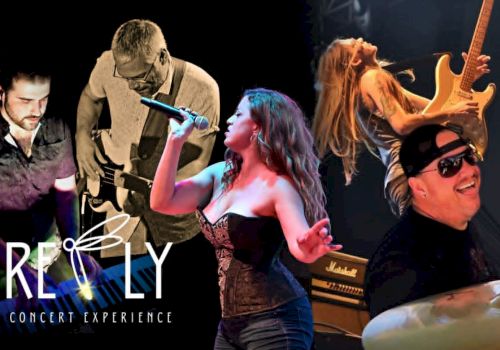 A live band named &ldquo;FIRE FLY&rdquo; performs on stage with a female vocalist, guitarist, keyboardist, and a masked drummer in a concert setup.