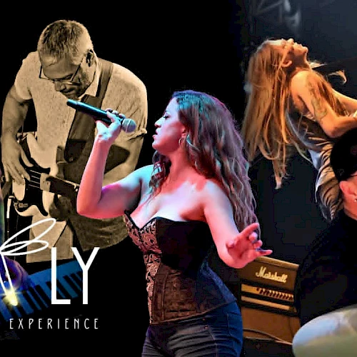 A live band named &ldquo;FIRE FLY&rdquo; performs on stage with a female vocalist, guitarist, keyboardist, and a masked drummer in a concert setup.