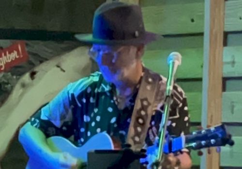 A person is playing an acoustic guitar while singing into a microphone. They are wearing a hat and a patterned shirt, performing on a small stage.