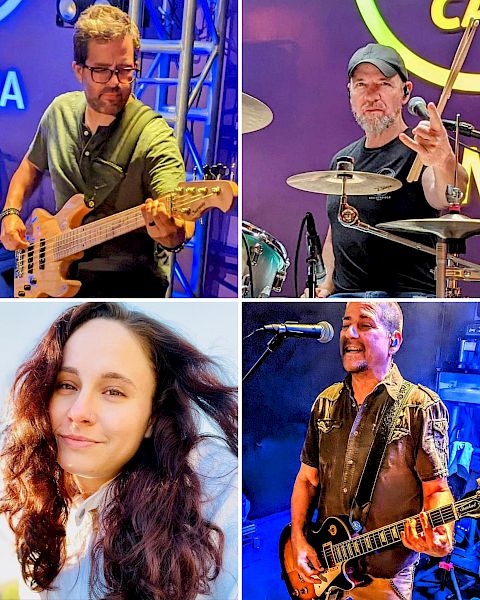 The image shows a collage of four people: two playing instruments on stage, a smiling woman, and another man with a guitar.