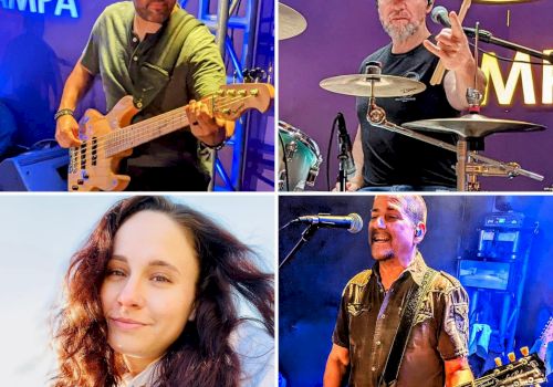 The image shows a collage of four people: two playing instruments on stage, a smiling woman, and another man with a guitar.