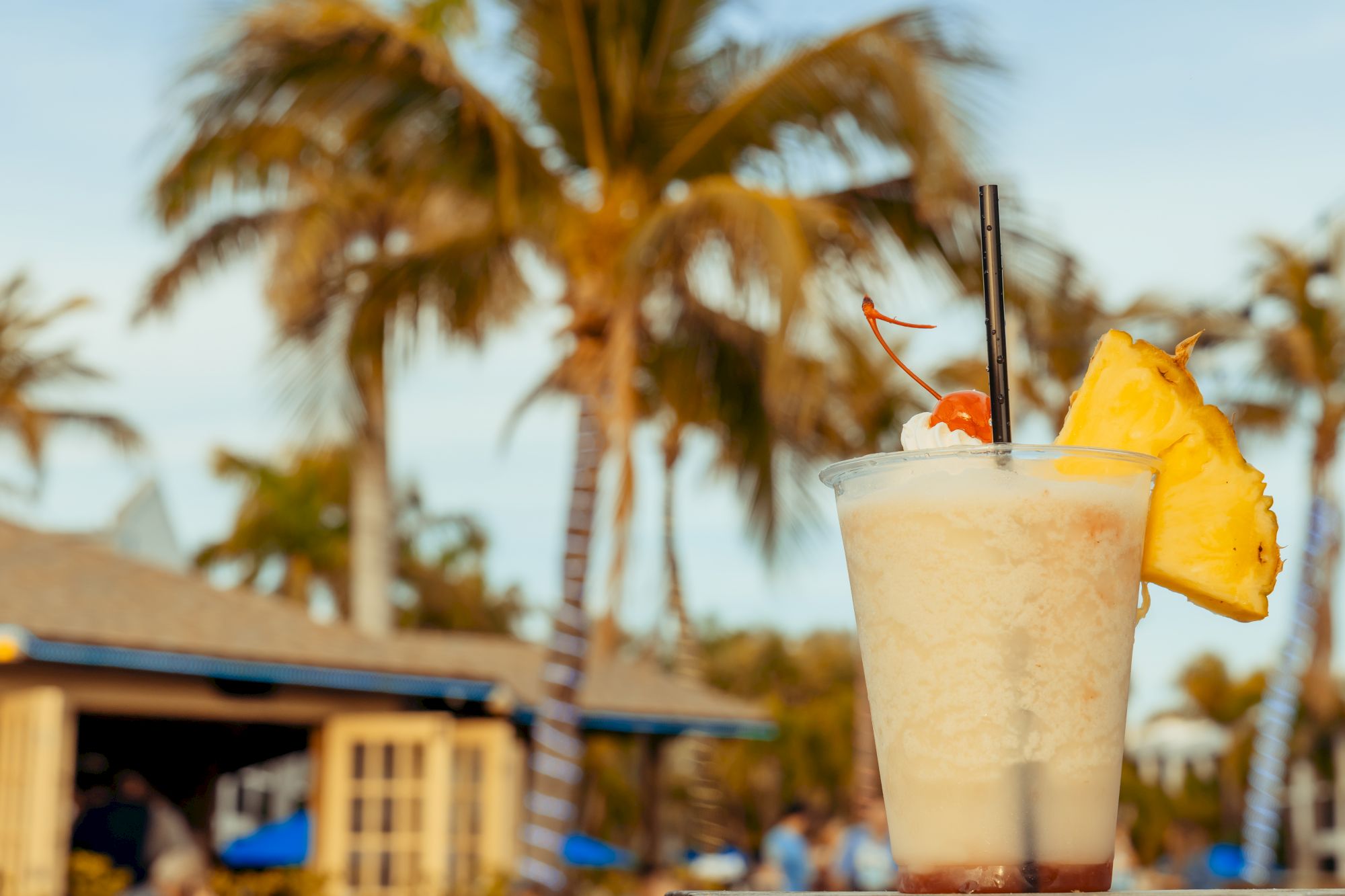 The image features a tropical drink in a plastic cup with a pineapple slice and a cherry, set against a background of palm trees.