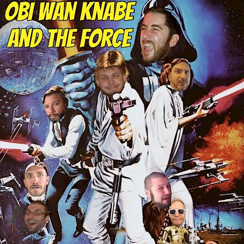 The image features a parody of a Star Wars poster with faces edited onto the characters' bodies, titled 