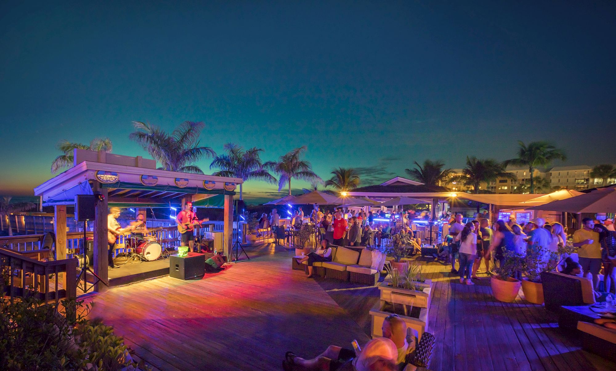 A lively outdoor scene with a band performing, colorful lights, and a crowd enjoying the night, surrounded by palm trees under a deep sky.