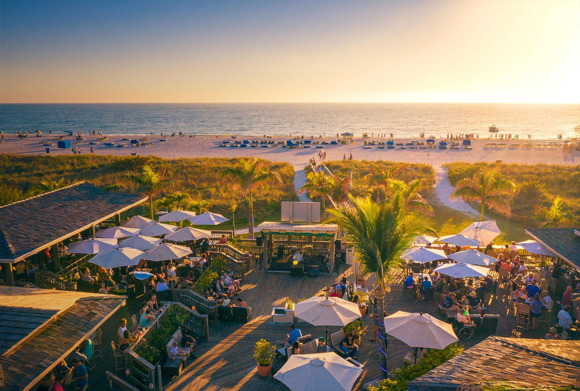 A beachfront scene with people gathered under umbrellas, palm trees, and a view of the ocean at sunset.