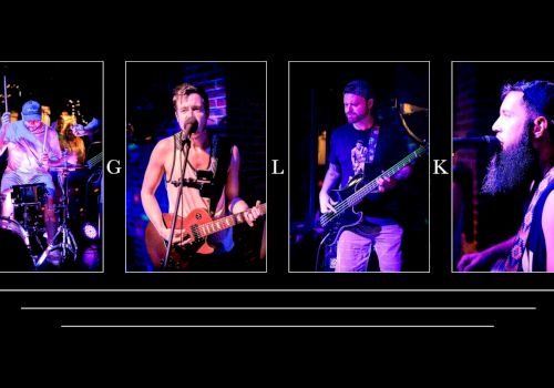 The image shows four musicians in separate frames performing on stage, each playing different instruments in a band setting.