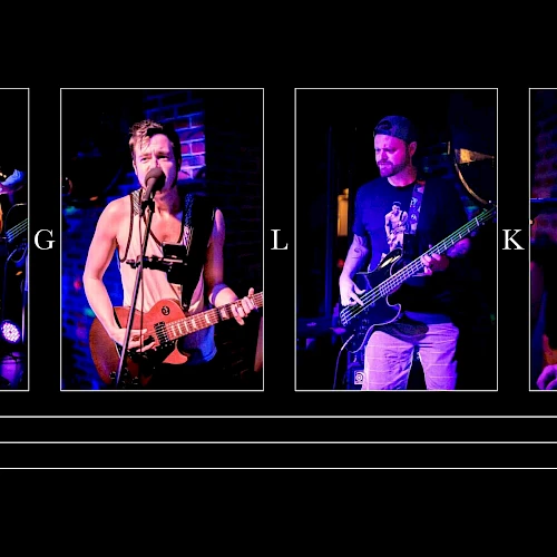 The image shows four musicians in separate frames performing on stage, each playing different instruments in a band setting.