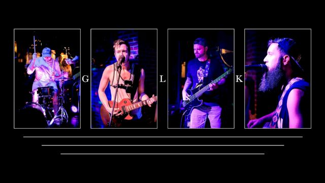 The image shows four musicians in separate frames performing on stage, each playing different instruments in a band setting.