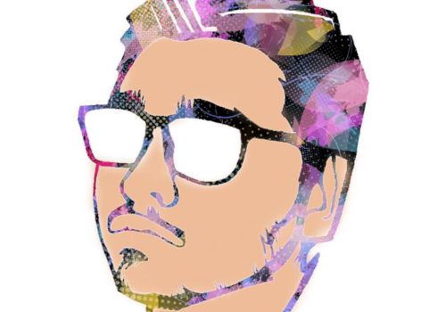 Stylized digital portrait of a man with slicked-back hair, sunglasses, and a colorful, abstract pattern across the face, ending with a period.