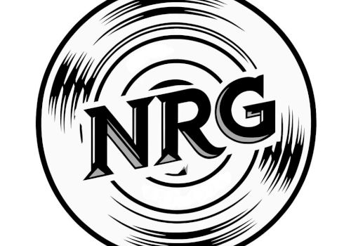A black-and-white vinyl record graphic with bold letters &ldquo;NRG&rdquo; in the center, swirling grooves around it, bold and retro.