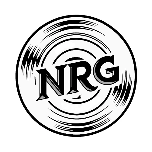 A black-and-white vinyl record graphic with bold letters &ldquo;NRG&rdquo; in the center, swirling grooves around it, bold and retro.