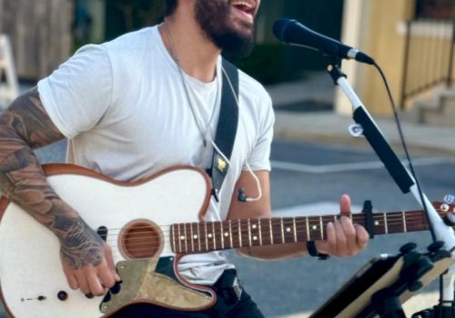 A bearded man with sunglasses plays an acoustic-electric guitar and sings into a microphone outdoors.