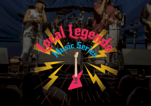 A live rock band performs on stage with a colorful logo reading &ldquo;Local Legends&rdquo; and &ldquo;Music Series&rdquo; overlaid, plus a pink guitar icon and yellow lightning bolts.