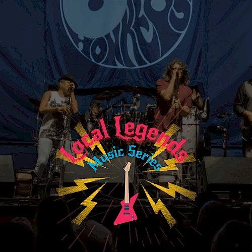 A live rock band performs on stage with a colorful logo reading &ldquo;Local Legends&rdquo; and &ldquo;Music Series&rdquo; overlaid, plus a pink guitar icon and yellow lightning bolts.