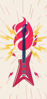 Guitar ampels; an electric guitar bursts through a fiery backdrop with lightning bolts, bold red body, and dynamic energy.