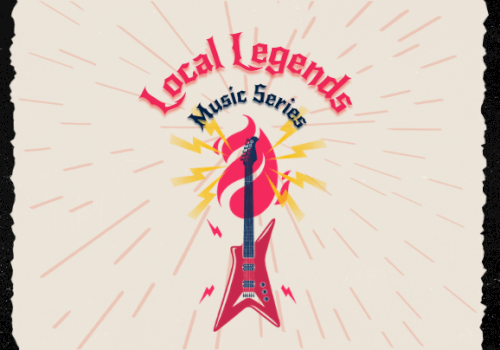 Local Legends Music Series poster featuring a red electric guitar, starburst rays, and bold pink typography&mdash;vibrant rock vibes.