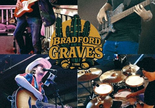 A four-piece band collage with guitarists and a drummer performing, Bradford Graves logo at center, live music vibe, upbeat.