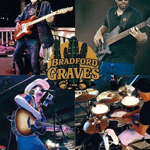 A four-piece band collage with guitarists and a drummer performing, Bradford Graves logo at center, live music vibe, upbeat.
