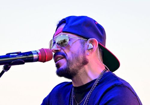 A bearded rapper in a cap and sunglasses performs into a microphone while playing an acoustic guitar onstage.
