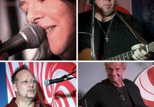 A collage of musicians singing into a microphone and playing an acoustic guitar, with a red-striped backdrop behind them.