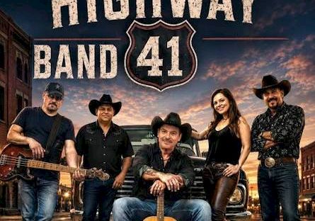 Promotional poster of a country band, &ldquo;Highway Band 41,&rdquo; featuring five musicians posing outdoors with a guitar and night sky background.