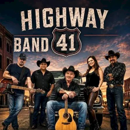 Promotional poster of a country band, &ldquo;Highway Band 41,&rdquo; featuring five musicians posing outdoors with a guitar and night sky background.