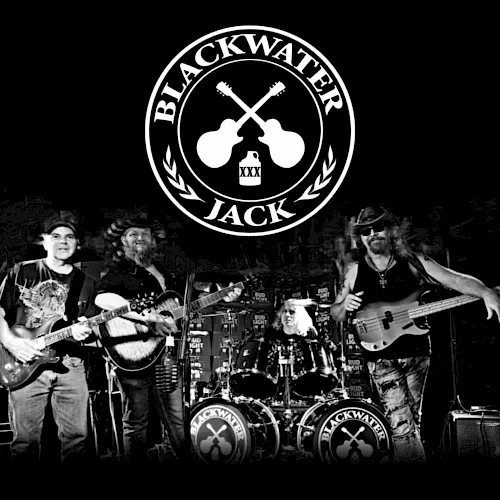 Blackwater Jack rock band logo&mdash;crossed guitars over a live stage with musicians playing and Bud Light beers on barrels.