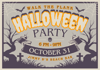 A &ldquo;Walk the Plank&rdquo; Halloween Party poster: Oct 31, 6&ndash;9 PM at Jimmy B&rsquo;s Beach Bar, with ghosts, tombstones, and jack-o&rsquo;-lanterns.