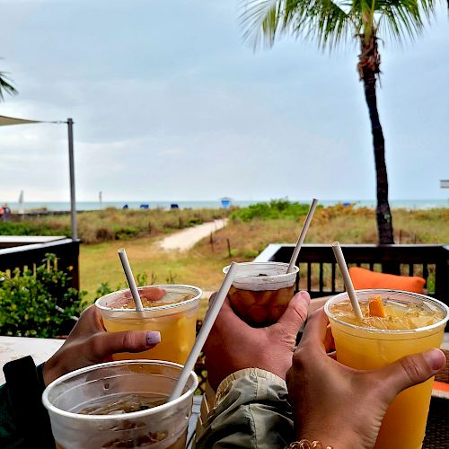 Four people raising plastic cups with drinks, enjoying a beach view with palm trees and a sandy path leading to the ocean in the background.