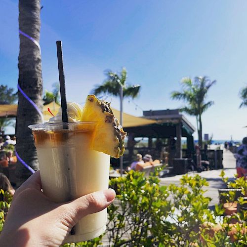 A hand is holding a tropical drink garnished with a pineapple slice, outdoors near a palm tree, with a sunny sky and beachside setting in the background.