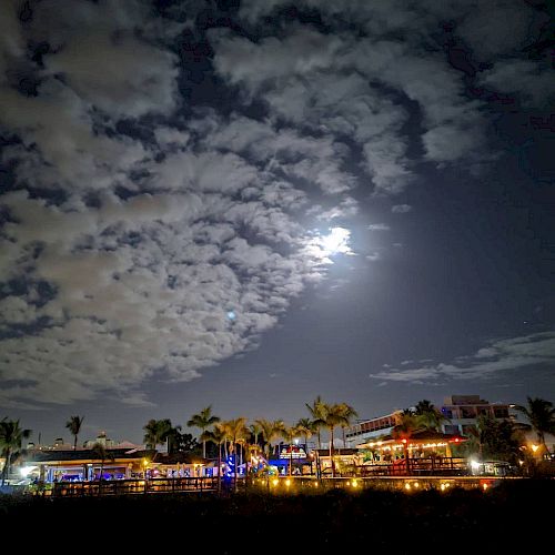 The image shows a night scene with a partly cloudy sky and a bright moon above a vibrant cityscape featuring illuminated buildings and palm trees.